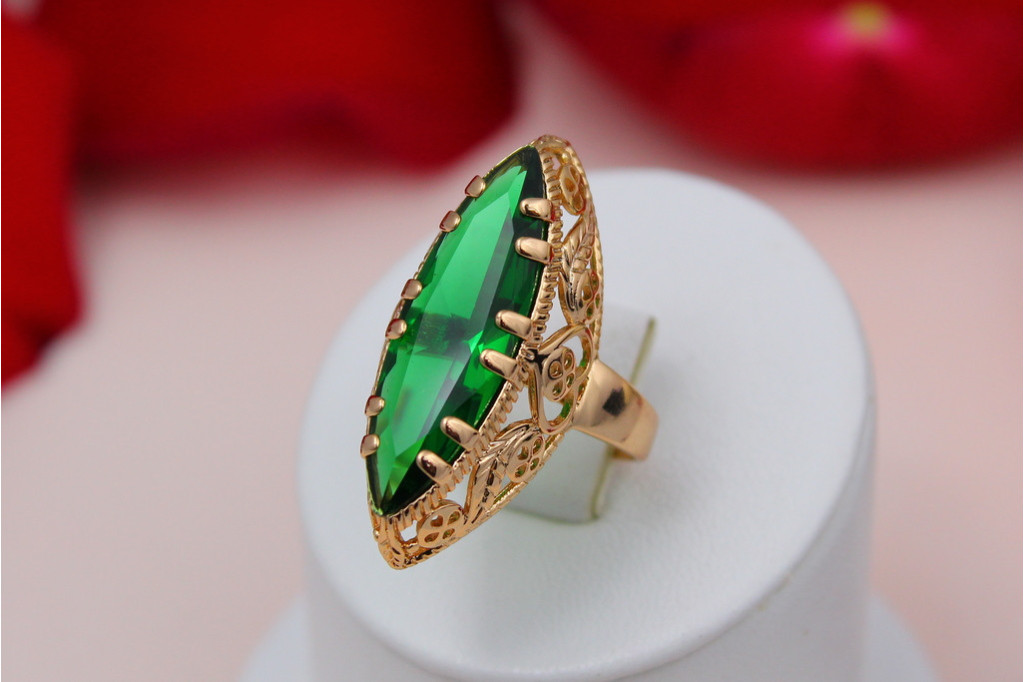 Кольцо Xuping Jewelry  Маркиз с зеленым камнем р 17 золотистое