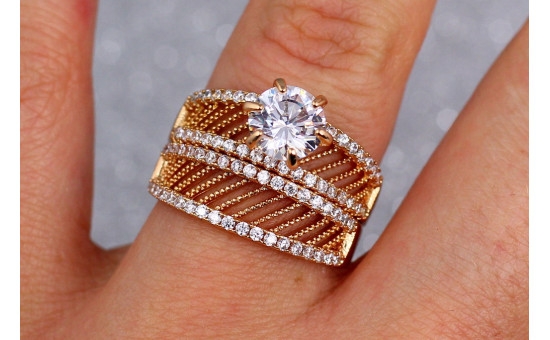 Кольцо Xuping Jewelry широкое сеточка с камнем  р 18  золотистое