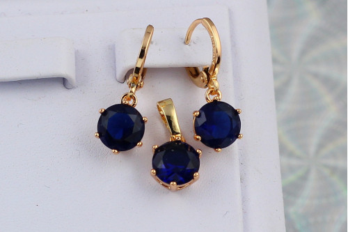 Набор Xuping Jewelry серьги и кулон с синим камнем 8 мм на шесть креплений золотистый