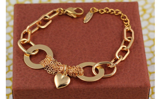 Браслет Xuping Jewelry сердечко на ланцюгу у двох плоских кільцях 16 см 18 мм золотистий