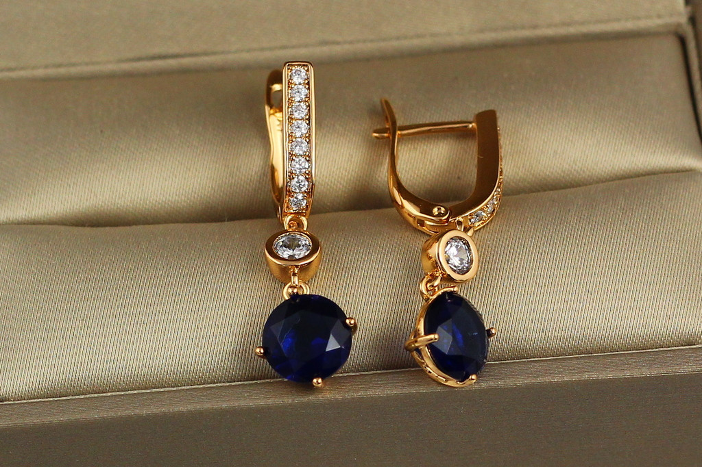 Серьги подвески Xuping Jewelry с синим круглым камнем 3.1 см золотистые