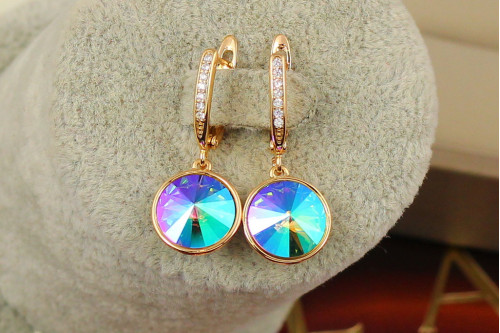 Сережки підвіски Xuping Jewelry Сваровські камінь у обідку фіолетові хамелеони 3 см золотисті