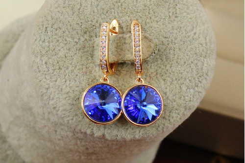 Сережки підвіски Xuping Jewelry Сваровські камінь у обідку сині хамелеони 3 см золотисті