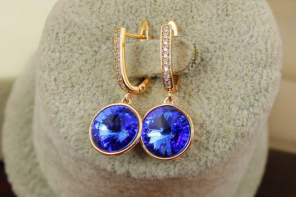 Сережки підвіски Xuping Jewelry Сваровські камінь у обідку сині хамелеони 3 см золотисті