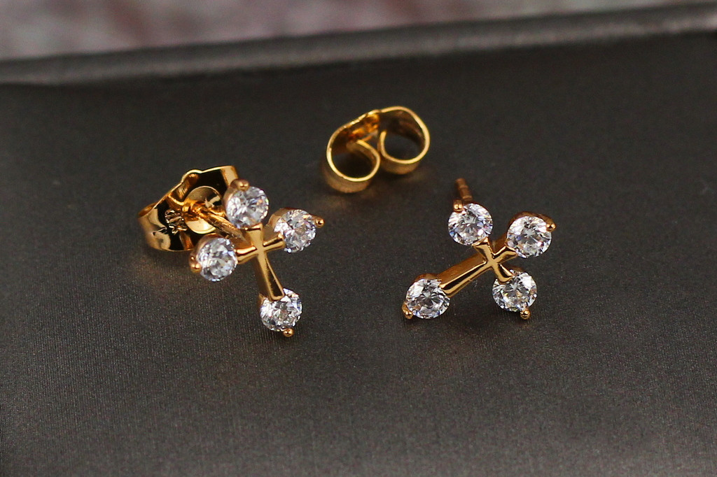 Серьги гвоздики Xuping Jewelry крестики с камешками на концах 1.2 см золотистые
