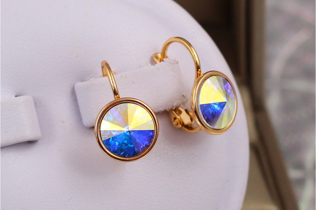 Сережки Xuping Jewelry камені Сваровскі в обідку бензинові хамелеон 1.6 см золотисті
