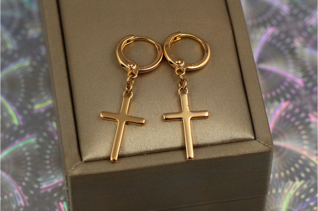 Серьги подвески Xuping Jewelry крестики тонкие гладкие 3,5 см золотистые