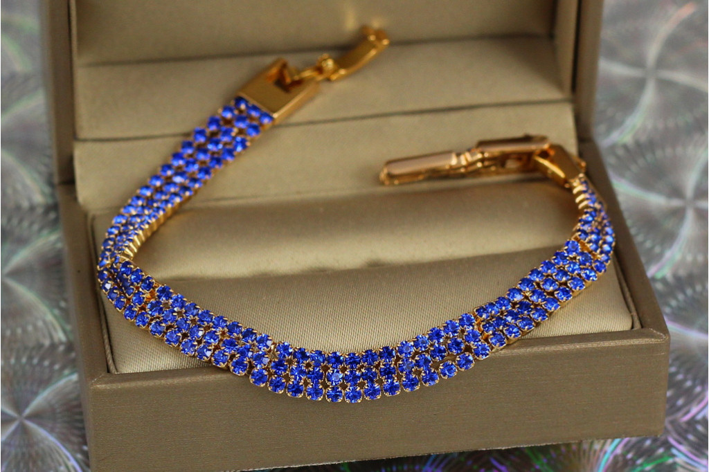 Браслет Xuping Jewelry три доріжки із синіх каменів 21 см 8 мм золотистий
