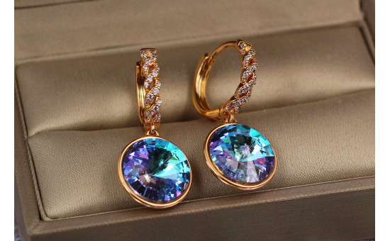 Сережки Xuping Jewelry підвіски великий камінь у обідку фіолетові хамелеони 3 см золотисті
