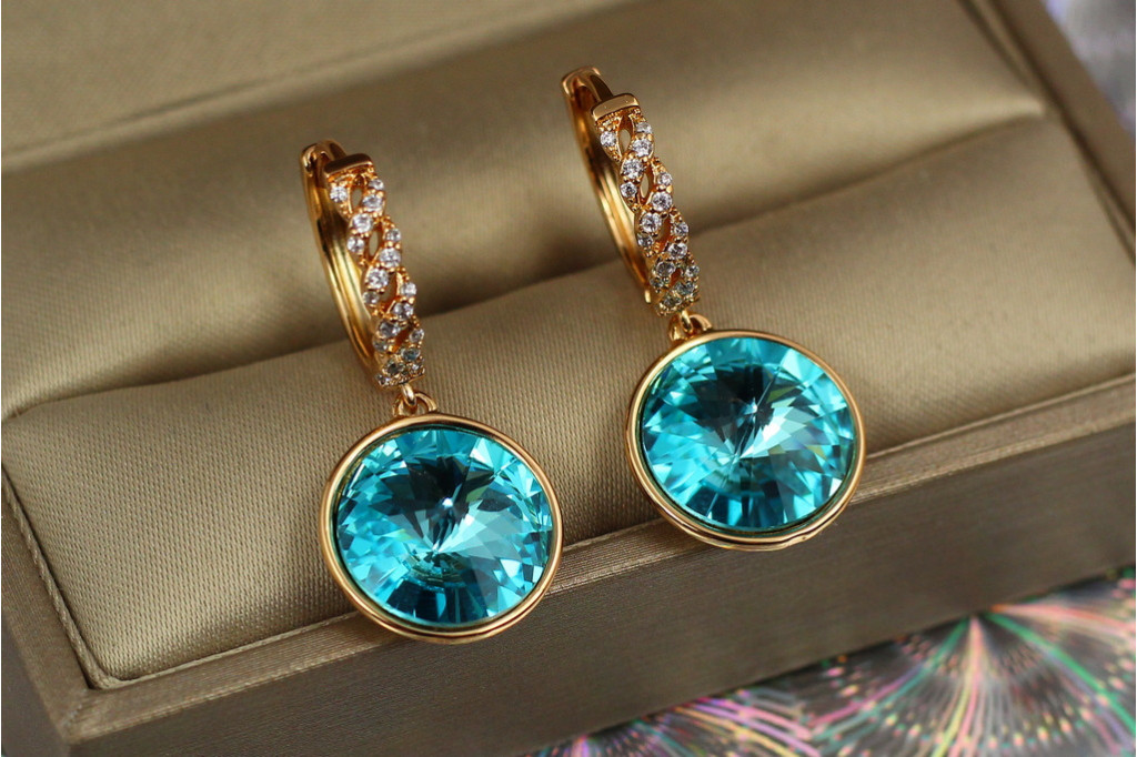 Сережки Xuping Jewelry підвіски великий камінь в обідку блакитні хамелеони 3 см золотисті