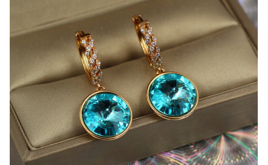 Сережки Xuping Jewelry підвіски великий камінь в обідку блакитні хамелеони 3 см золотисті