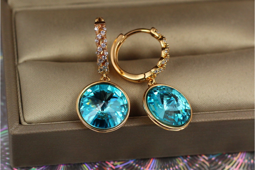 Сережки Xuping Jewelry підвіски великий камінь в обідку блакитні хамелеони 3 см золотисті