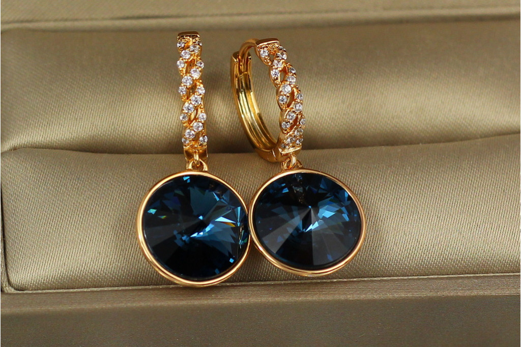 Сережки Xuping Jewelry підвіски великий камінь у обідку темно-сині хамелеони 3 см золотисті