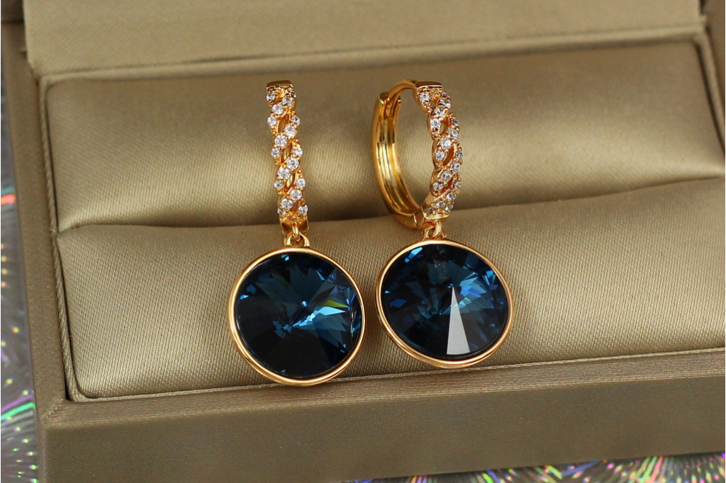 Сережки Xuping Jewelry підвіски великий камінь у обідку темно-сині хамелеони 3 см золотисті