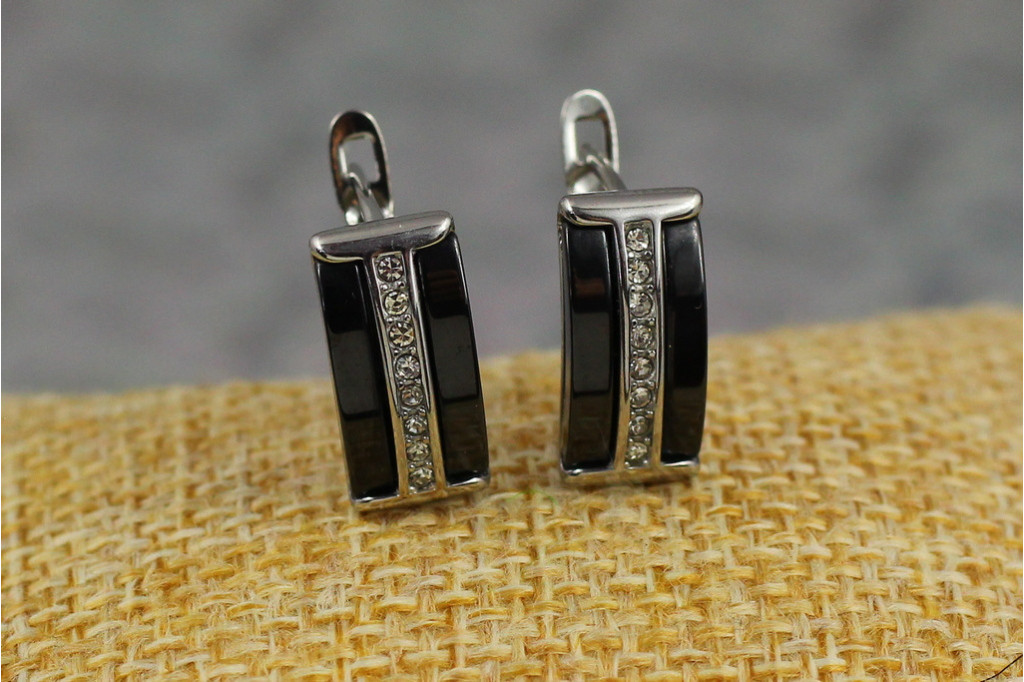 Серьги  Xuping Jewelry галстук с черной керамикой  1.6 см серебристые