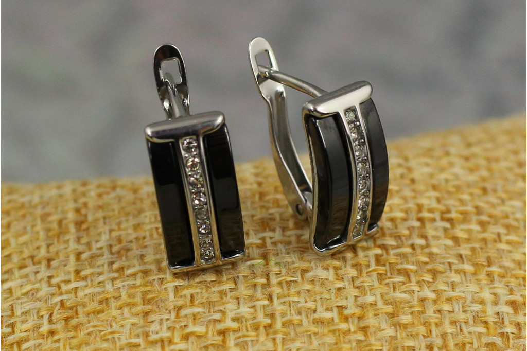 Серьги  Xuping Jewelry галстук с черной керамикой  1.6 см серебристые