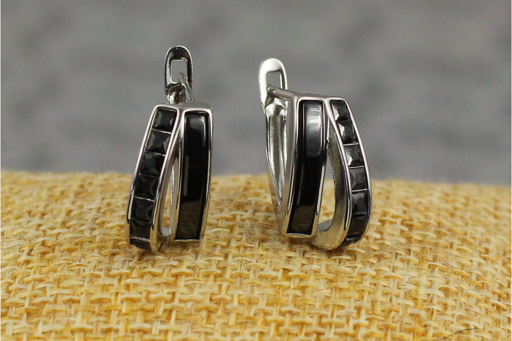 Серьги  Xuping Jewelry парус черные камни с керамикой 1.5 см серебристые