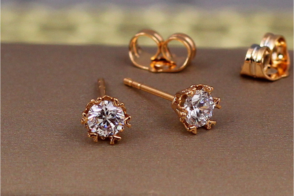 Серьги гвоздики  Xuping Jewelry фианит 5 мм крепление галочки золотистые