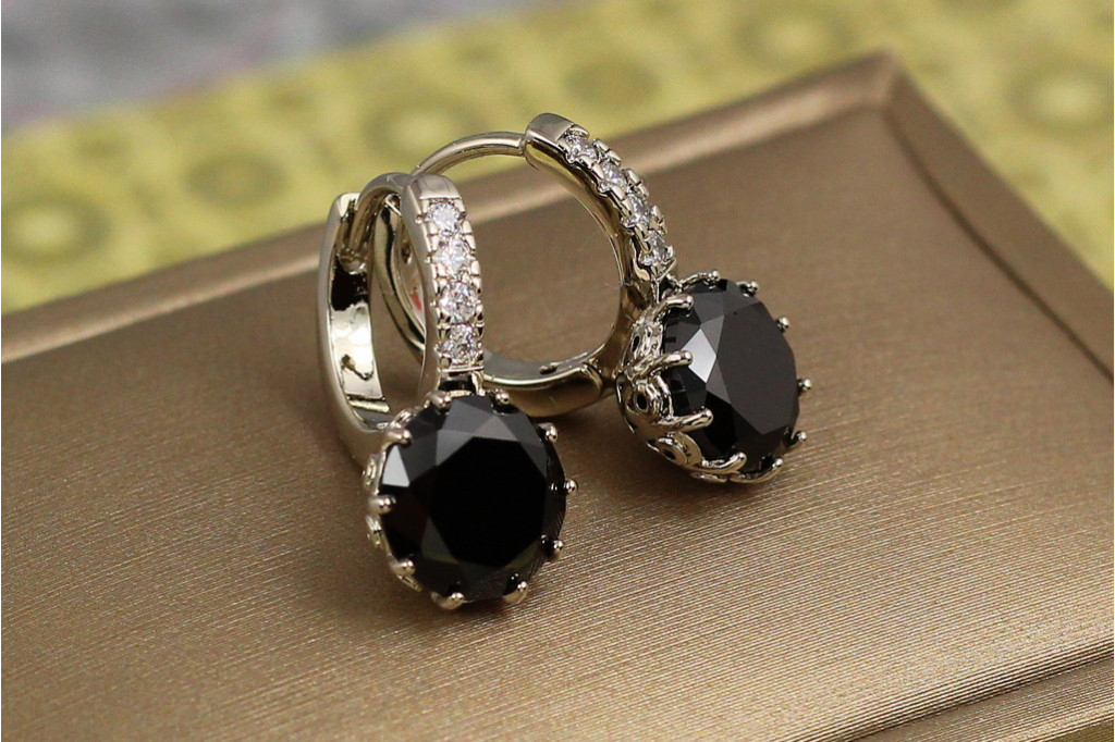Сережки Xuping Jewelry з великим чорним каменем і круглою застібкою 2 см сріблясті