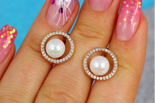 Сережки Xuping Jewelry з перлами в обідку з фіанітів 1,2 см золотисті