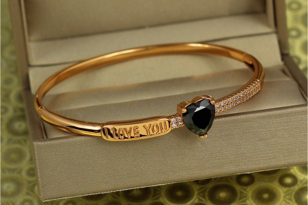 Браслет бенгл Xuping Jewelry з чорним сердечком 60 мм 10 мм на руку від 17 см до 19 см золотистий