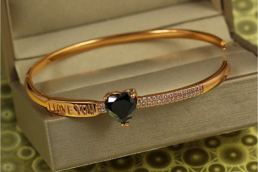 Браслет бенгл Xuping Jewelry з чорним сердечком 60 мм 10 мм на руку від 17 см до 19 см золотистий