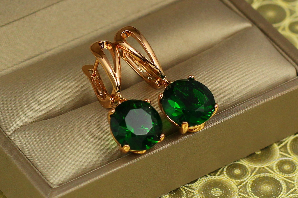 Сережки підвіски Xuping Jewelry із великим зеленим каменем 2,8 см золотисті