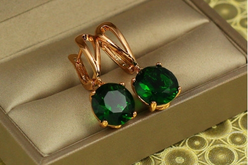 Сережки підвіски Xuping Jewelry із великим зеленим каменем 2,8 см золотисті