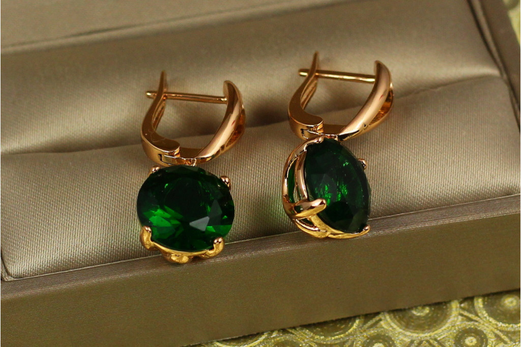 Сережки підвіски Xuping Jewelry із великим зеленим каменем 2,8 см золотисті