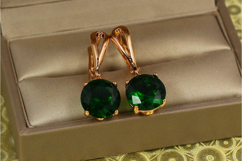 Сережки підвіски Xuping Jewelry із великим зеленим каменем 2,8 см золотисті