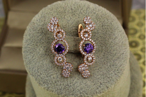 Серьги Xuping Jewelry Пузырьки с фиолетовым камнем 3 см золотистые