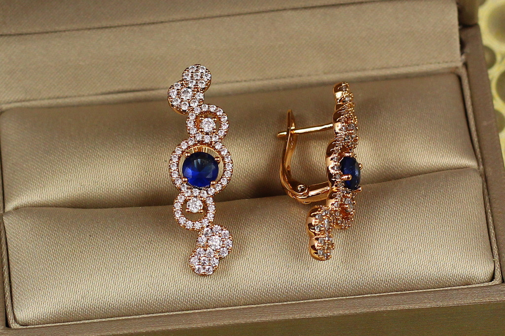 Серьги Xuping Jewelry Пузырьки с синим камнем 3 см золотистые