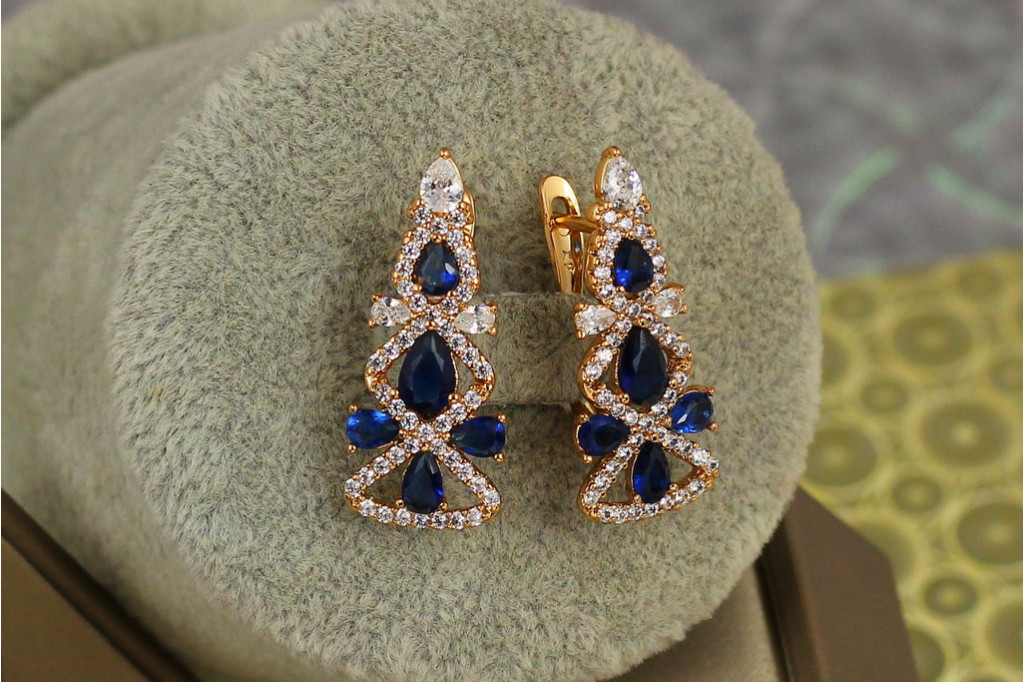Сережки Xuping Jewelry Ялиночка з синіми 2,7 см золотисті