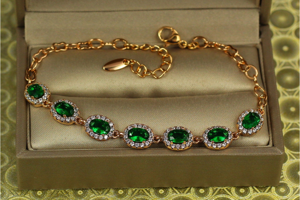 Браслет Xuping Jewelry малинки на ланцюжку із зеленими каменями 17 см 7 мм золотистий