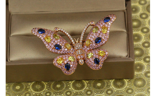 Брошка Xuping Jewelry метелик з жовтими і синіми каменями золотиста
