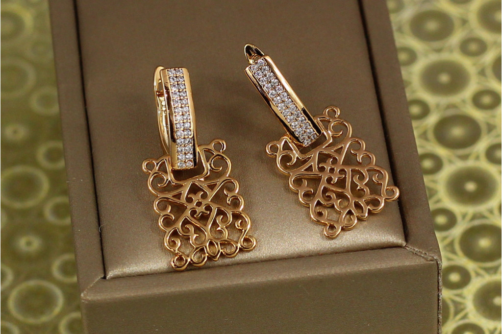 Сережки Xuping Jewelry дві доріжки з ажурними прямокутниками 2,8 см золотисті