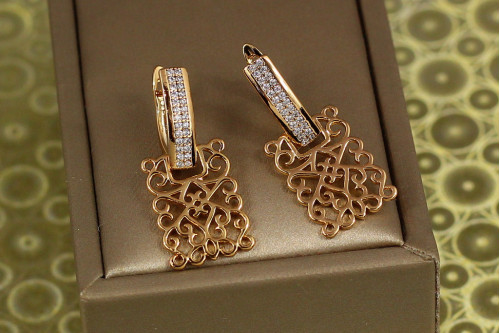 Сережки Xuping Jewelry дві доріжки з ажурними прямокутниками 2,8 см золотисті