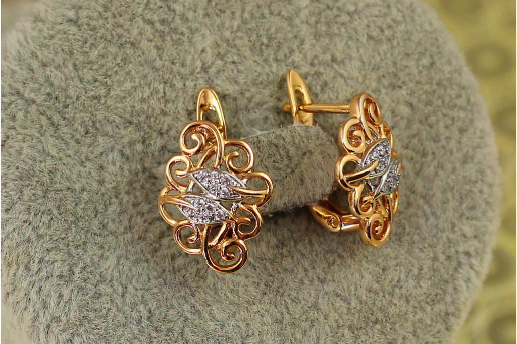 Сережки Xuping Jewelry два листочки в завитках з родієм 1,6 см золотисті