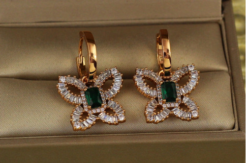 Сережки підвіски Xuping Jewelry метелики із зеленим каменем 2,8 см золотисті