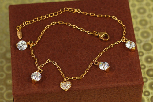 Браслет Xuping Jewelry  на ногу сердечко и пять камешков 22 см 1 мм добавка цепи 5 см золотистый
