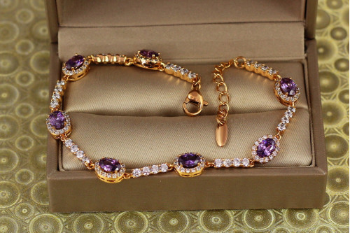 Браслет Xuping Jewelry малинки із фіолетовими каменями на доріжці 17,5 см 7 мм золотистий