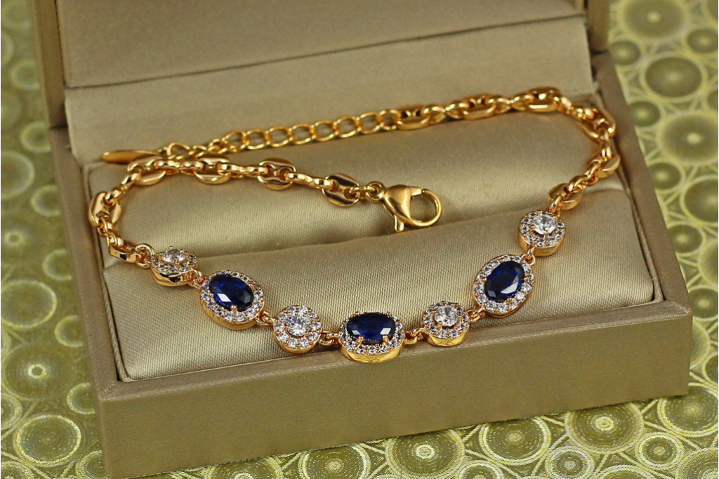 Браслет Xuping Jewelry малинки с синими камнями с кругами 17,5 см 7 мм золотистый