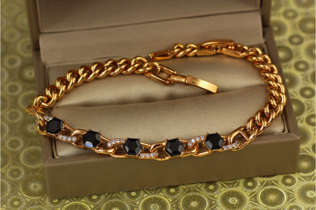 Браслет Xuping Jewelry панцирный гурмета с черными камнями 19,5 см 6 мм золотистый
