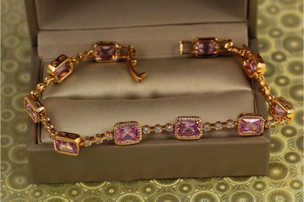 Браслет Xuping Jewelry доріжка із рожевими прямокутниками 19,5 см 7 мм золотистий