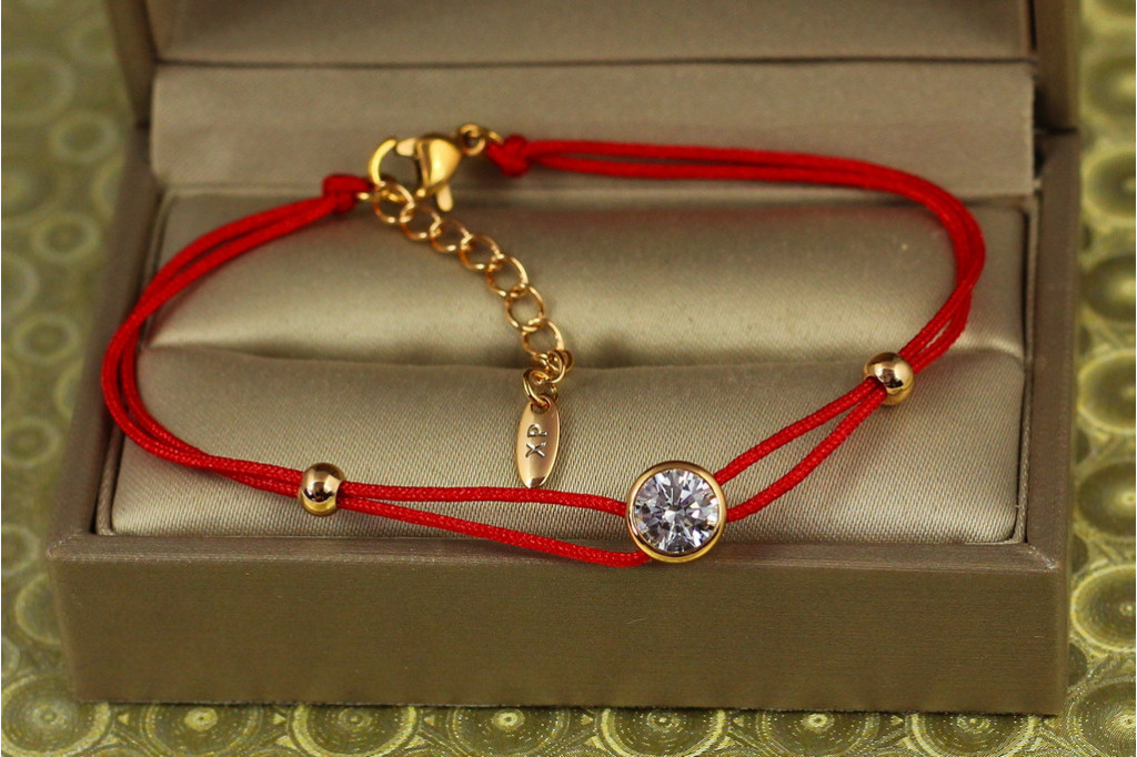 Браслет Xuping Jewelry червона нитка з каменем в обідку 17 см 7 мм золотистий