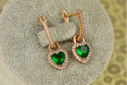 Сережки підвіски Xuping Jewelry зйомне сердечко із зеленим каменем 2,5 см золотисті