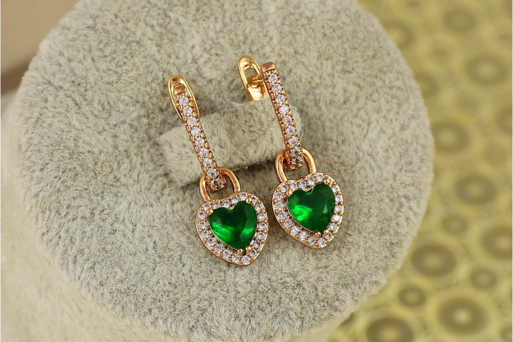 Сережки підвіски Xuping Jewelry зйомне сердечко із зеленим каменем 2,5 см золотисті
