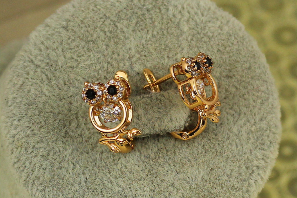 Сережки дитячі Xuping Jewelry сови із танцюючим фіанітом 1,4 см золотисті