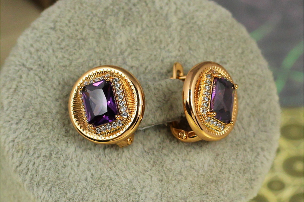 Сережки Xuping Jewelry Мексика з фіолетовим каменем 1,5 см золотисті