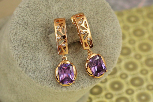 Сережки підвіски Xuping Jewelry рифма з фіолетовим каменем 3 см золотисті